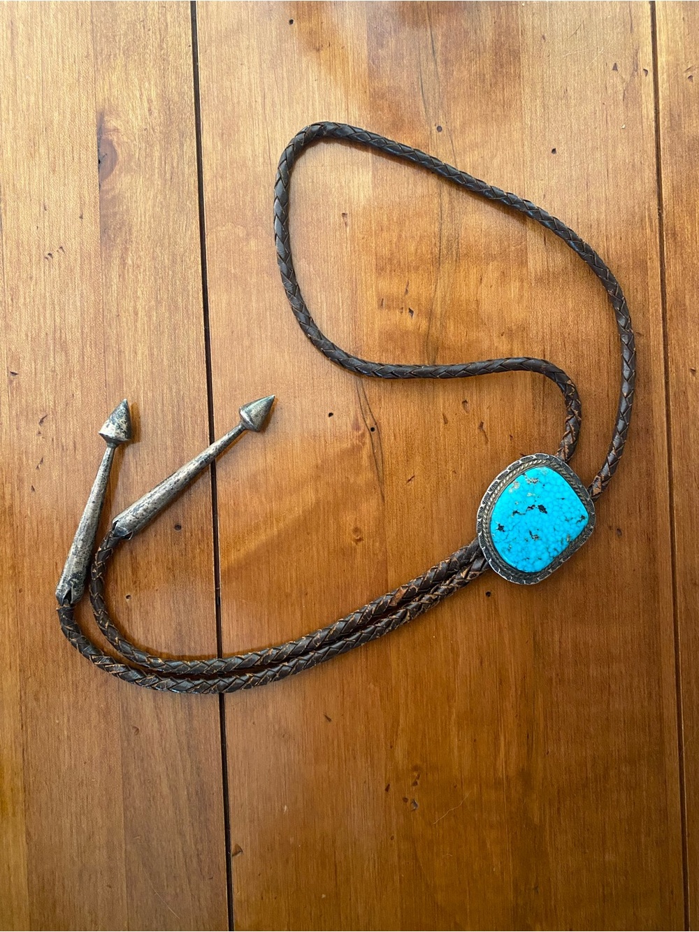 Vintage Native American Sterling Silver Turquoise Leather Bolo Tie
